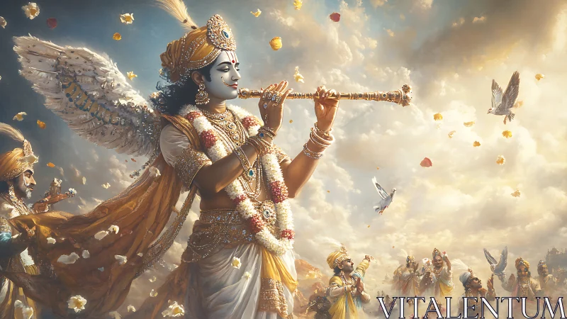 Divine winged musician in celestial golden cloudscape panorama.
