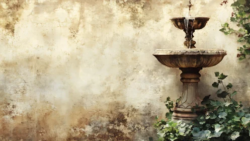 Stone courtyard fountain against weathered stucco wall.