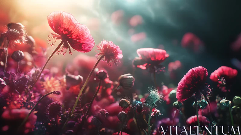 Backlit red wildflowers in dense meadow environment.