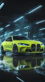Neon yellow sports coupe stands poised in a slick urban garage