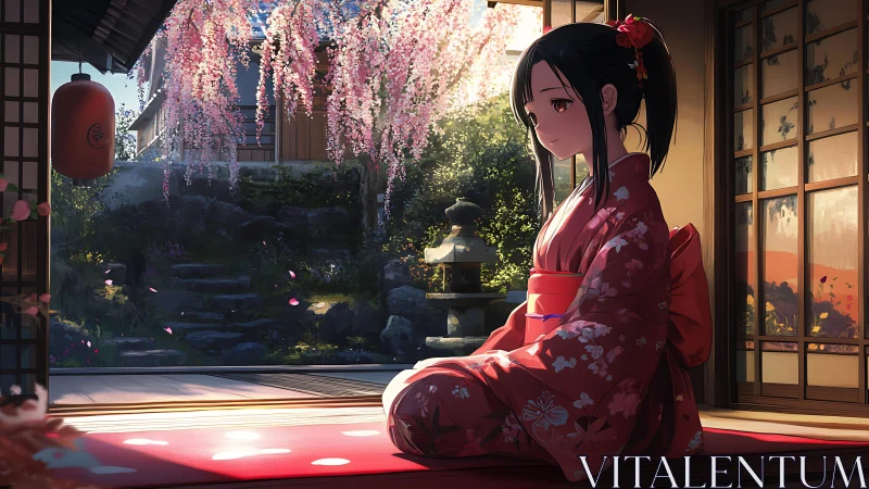 Kimono-clad girl in tatami room under cascading sakura light.