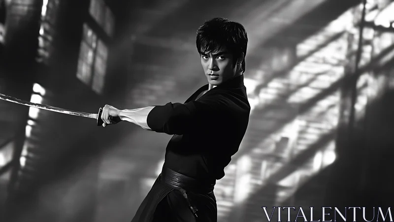 Samurai swordsman holds a poised stance in stark monochrome