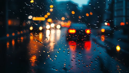 Rain covered car window with blurred urban traffic lights.