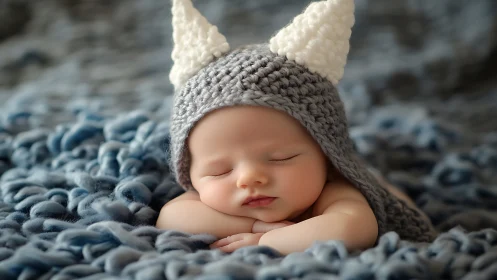 Sleeping Newborn in Gray Knit Cat Ears Beanie on Textured Backdrop.