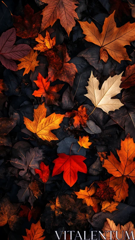 Macro study of autumn maple leaves on dark forest floor