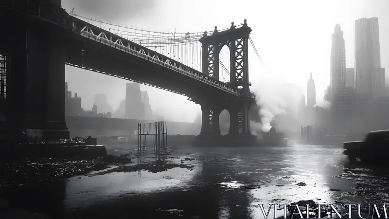 Urban suspension bridge over wet industrial riverside at dawn.