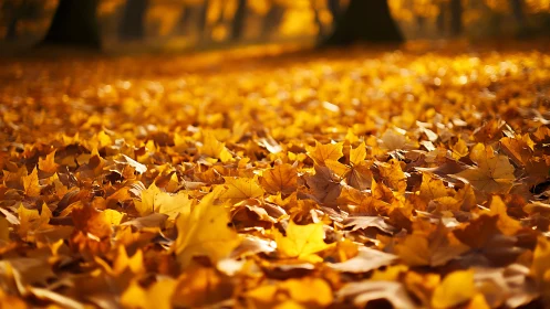 Golden autumn leaves covering a sunlit forest floor.