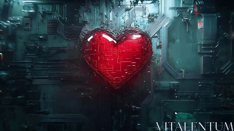 Neon heart wired into a glowing futuristic motherboard.