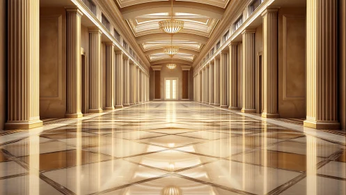 Grand neoclassical hall with pillars and polished marble floor.