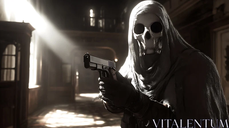Skull-masked gunman in cinematic backlit interior environment.