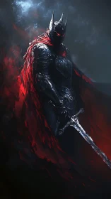 Armored dark knight with flaming red cape dominates frame