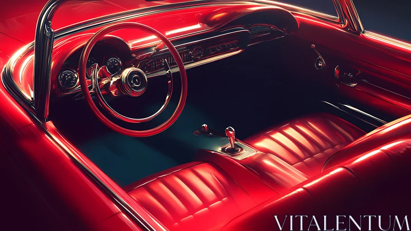 Crimson classic convertible interior under cinematic light.