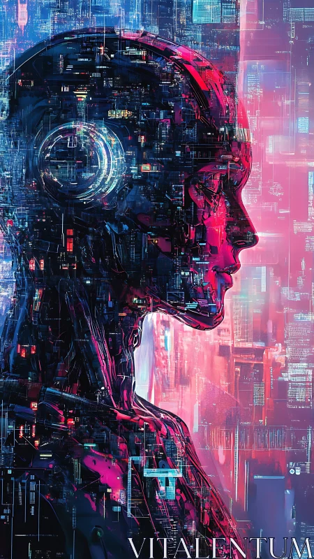 Neon cybernetic profile merges circuitry and human form.