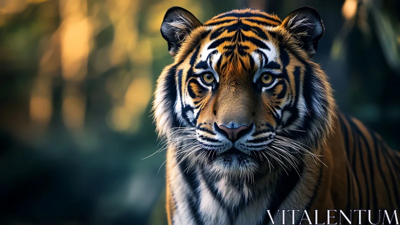 Tiger portrait in soft forest light with focused expression.