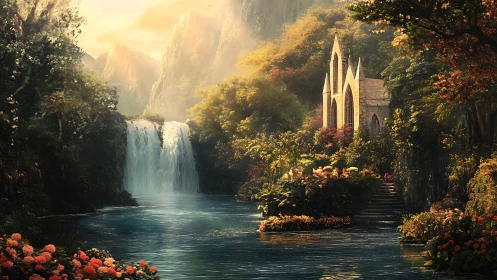 Sunlit riverside chapel nestles beside a tranquil waterfall