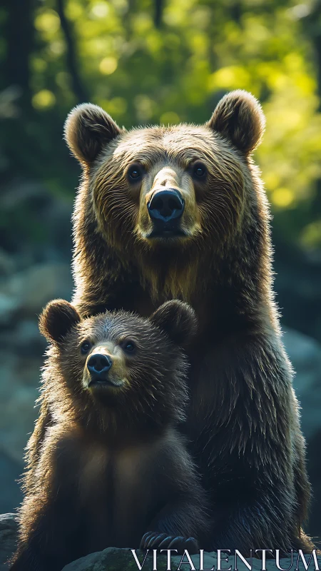 Brown bear mother and cub standing alert in forest light