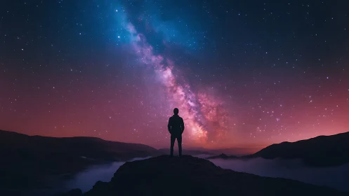 Silhouette observes luminous Milky Way over misty valley