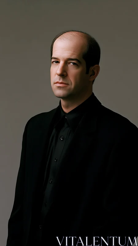 Serious man in black suit stands against muted studio backdrop