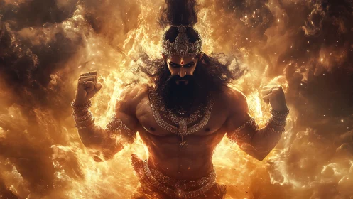 Mythic fire deity emerges in swirling molten stormscape.