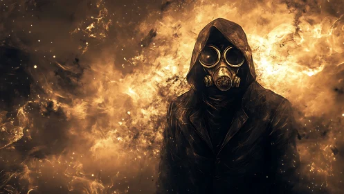 Hooded firewalker studies chaos through rusted glass goggles