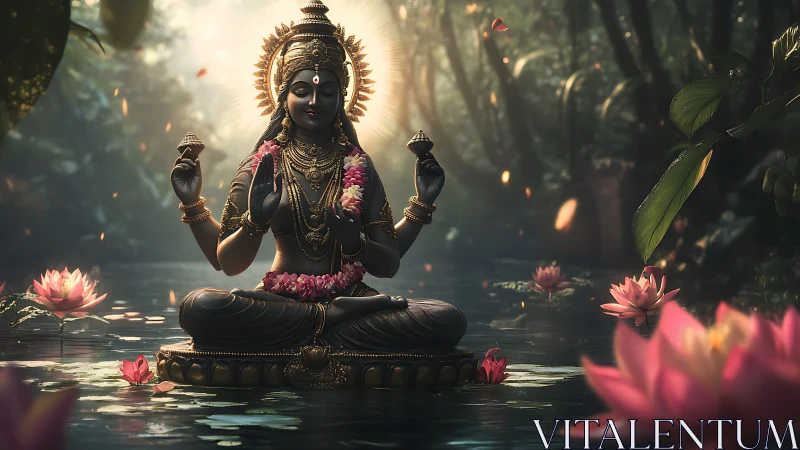 Divine four-armed goddess statue meditating on lotus pond.