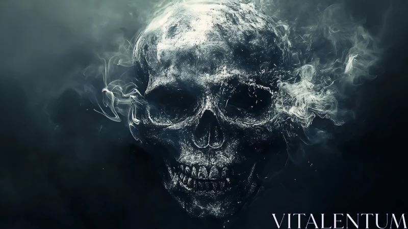 Smoldering skull spirit rising from midnight vaporous abyss.