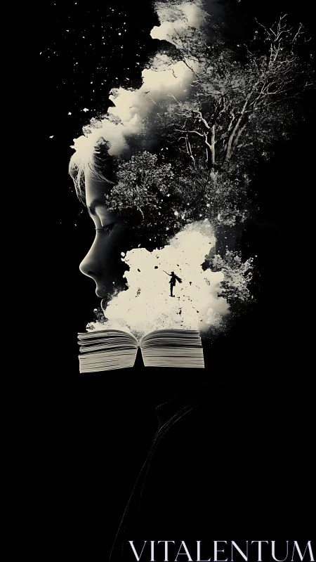 Monochrome child profile merges with book and forest imagery.