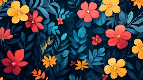 Vibrant Floral Composition with Coral, Yellow, and Teal Botanical Elements
