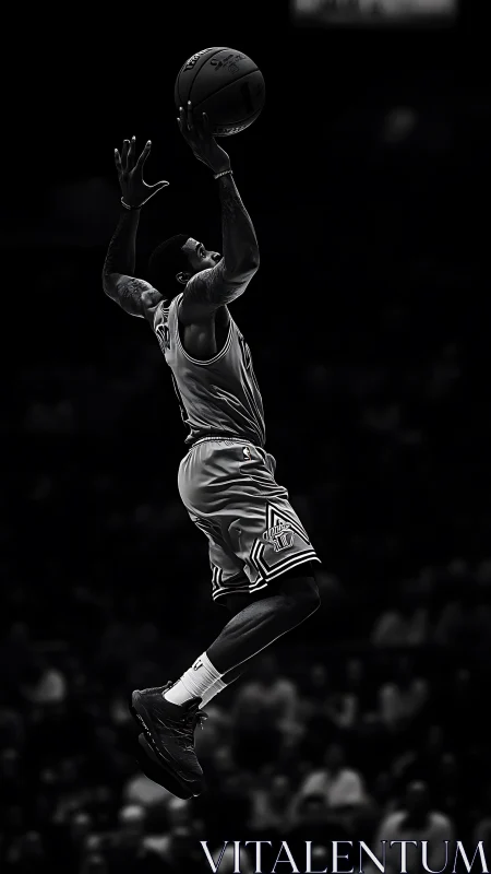 High-contrast monochrome capture of leaping basketball guard.