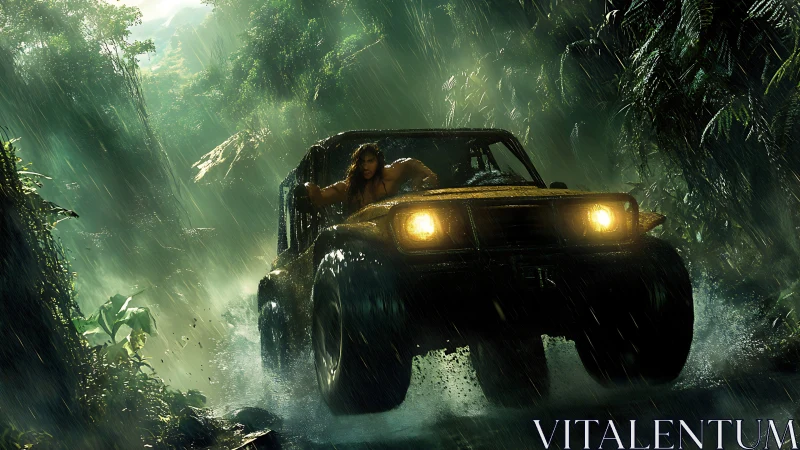 Off-road jeep powers through storm-soaked jungle ravine.