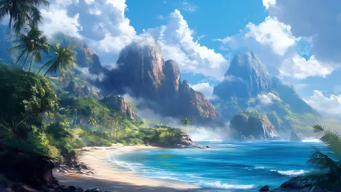 Tropical Island Landscape with Mountainous Peaks and Sandy Shoreline