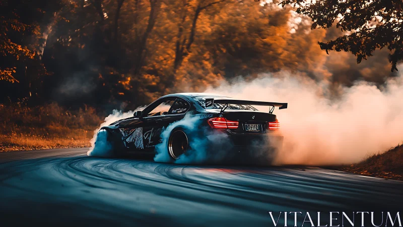 Smoky autumn racetrack lets a drift car paint burning curves