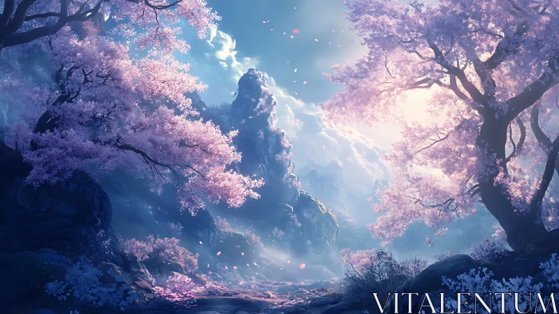 Luminous cherry trees frame misty mountain pass at sunrise