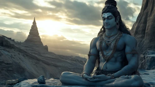 Mountain dawn hums while blue ascetic breathes pure stillness