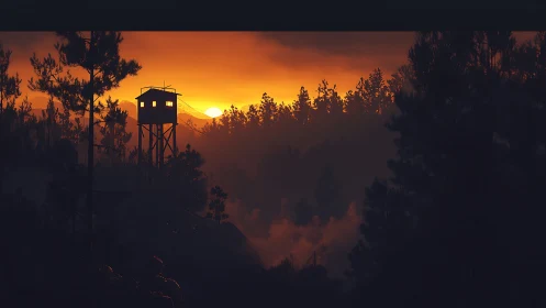 Sunset-occluded firewatch tower in volumetric forest haze.