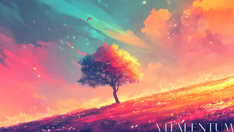 Lone dreamtree basking under a neon sherbet whirlwind sky.