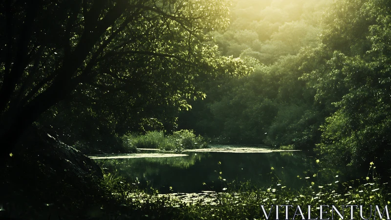 Backlit forest pond captures atmospheric green light gradients