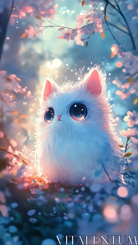 Fluffy white kitten in glowing pastel forest clearing.