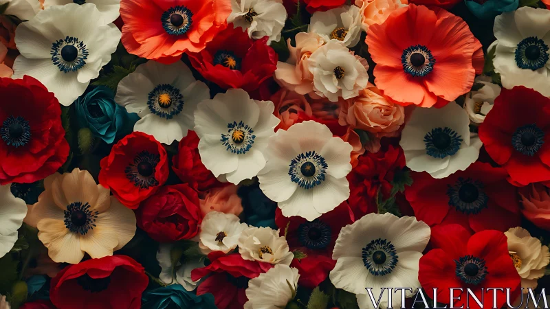 Vibrant Anemones and Roses Dance in Red and White