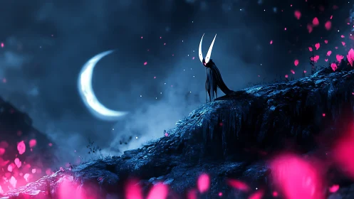 Moonlit horned wanderer lingers where petals ignite night