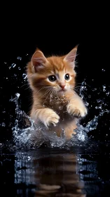 Kitten leaping through water splash against black background.