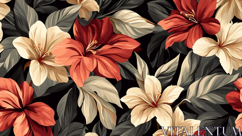 Red and Cream Floral Pattern on Black Background.
