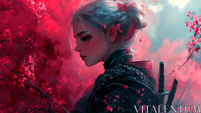 Silver haired warrior amid crimson blossom storm. Period.