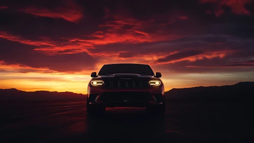 Headlight prowl under volcanic sunset sky, highway predator.