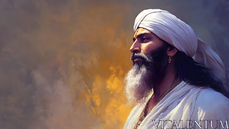 Sunlit sage in white turban studying the quiet horizon.