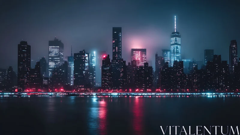 Neon-lit futuristic skyline across misty urban harbor at night.