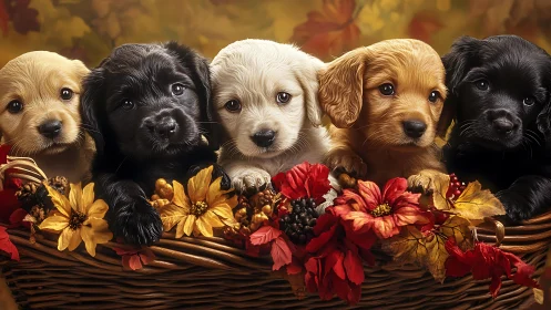Autumnal basket composition frames five photoreal puppy portraits