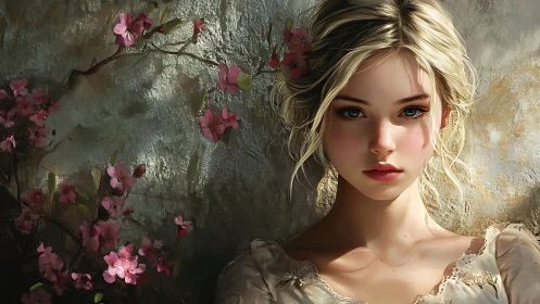 Blonde young woman beside pink blossoms on textured wall.