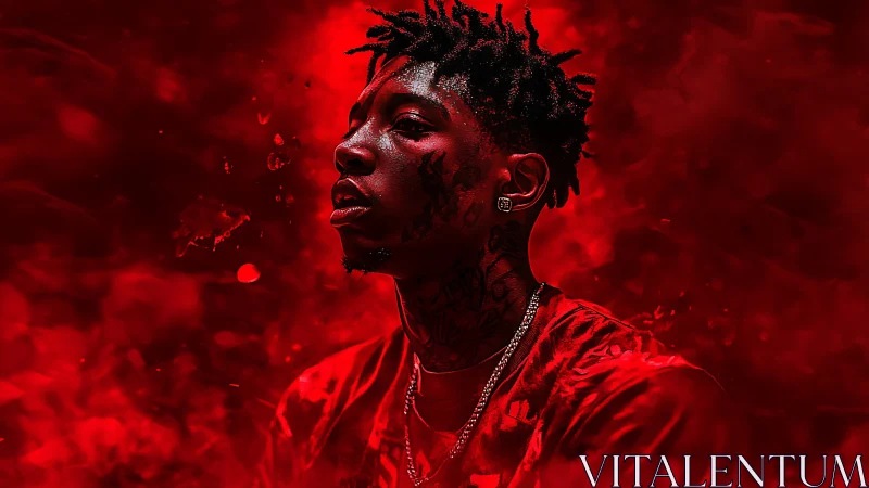 Crimson-lit portrait of tattooed man in abstract smoke field.