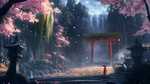 Majestic torii gate stands before misty waterfall sanctuary.